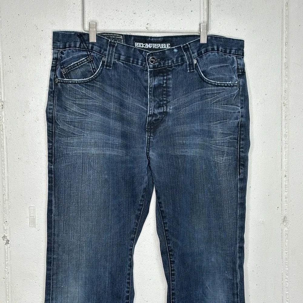 Rock‎ & Republic Men 36x32 Blue Distressed Flare Bootcut Jeans Grunge Button Fly